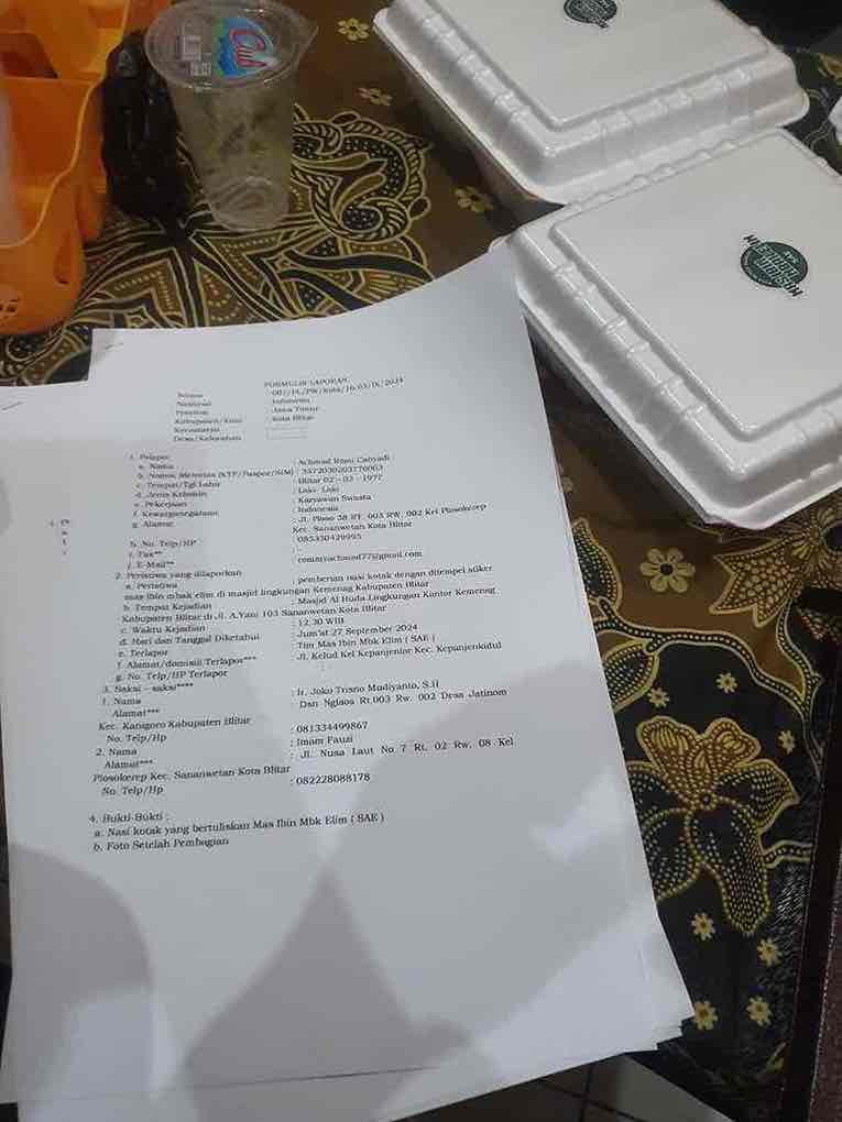 Dapat Nasi Kota Bertuliskan Mas Ibin - Mbak Elim di Masjid, Warga Kota Blitar Lapor Bawaslu Nasi Kotak Bertuliskan Pasangan Ibin-Elim