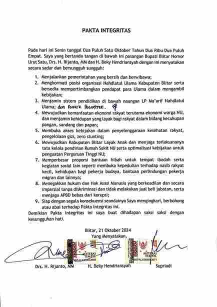 Pakta Integritas Rijanto-Beky dengan NU Kabupaten Blitar, Bentuk Komitmen Membangun Generasi Muda Berakhlak Fakta Integritas Pasangan Rizky dengan NU