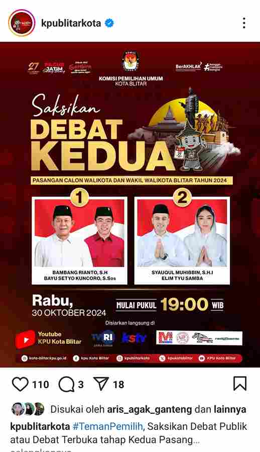 Debat Publik Pilwali Kota Blitar 2024, Uji Kedewasaan Pendukung Paslon Poster Debat Publik Pilwali Kota Blitar 2024