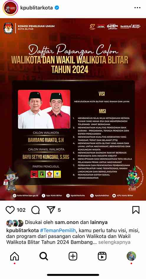 KPU Kota Blitar Posting Visi Misi Sejak 15 September 2024, Kok Masih Belum Tahu ! Visi Misi Calon Walikota Blitar Bambang Rianto dan Bayu Setyo Kuncoro