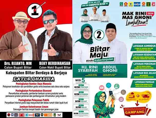 Apa Kelebihan Belanja Iklan Lewat Agency Pilihan KPU Kabupaten Blitar terhadap Pastisipasi Masyarakat ? Poster Kedua Paslon Pilkada Kabupaten Blitar Rijanto Beky dan Rini Ghoni