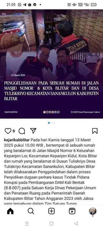 Unggahan Pemeriksaan 2 Rumah Hilang, GPI Minta Kejari Kabupaten Blitar Tak Main-Main Tangani Korupsi DAM Kali Bentak Kejaksaan Negeri Kabupaten Blitar Menggeledah 2 Rumah di Jalan Masjid Kota Blitar dan di Desa Tuliskriyo, Sanankulon Terkait Dugaan Korupsi DAM Kali Bentak