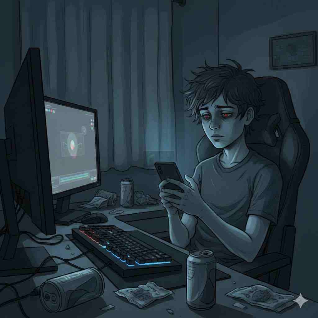 Waspadai Anak Depresi Akibat Game Online Anak Kelelahan Bermain Game Online IlustrasiGemini