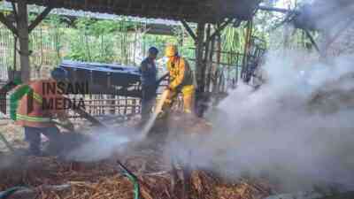 Petugas Pemadam Kebakaran Memadamkan Tumpukan Jerami yang Terbakar di Desa Karangsono Kanigoro Blitar
