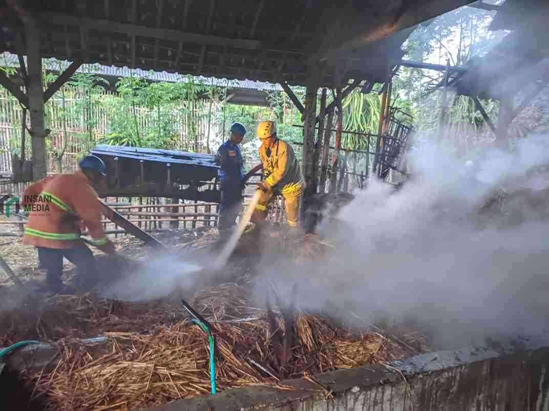 Petugas Pemadam Kebakaran Memadamkan Tumpukan Jerami yang Terbakar di Desa Karangsono Kanigoro Blitar