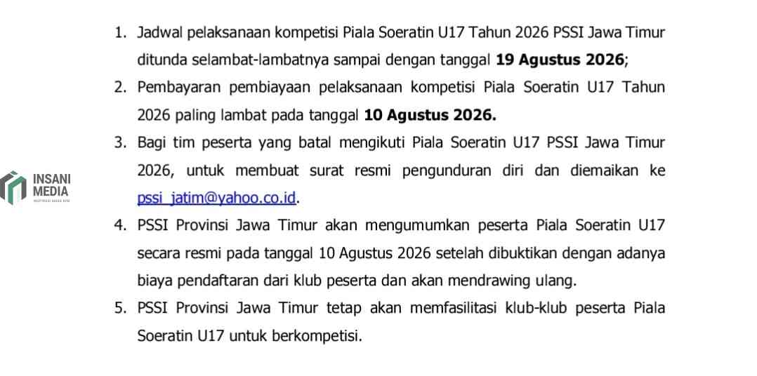 Pengumuman Penundaan Kick Off Piala Soeratin U 17 Jawa Timur