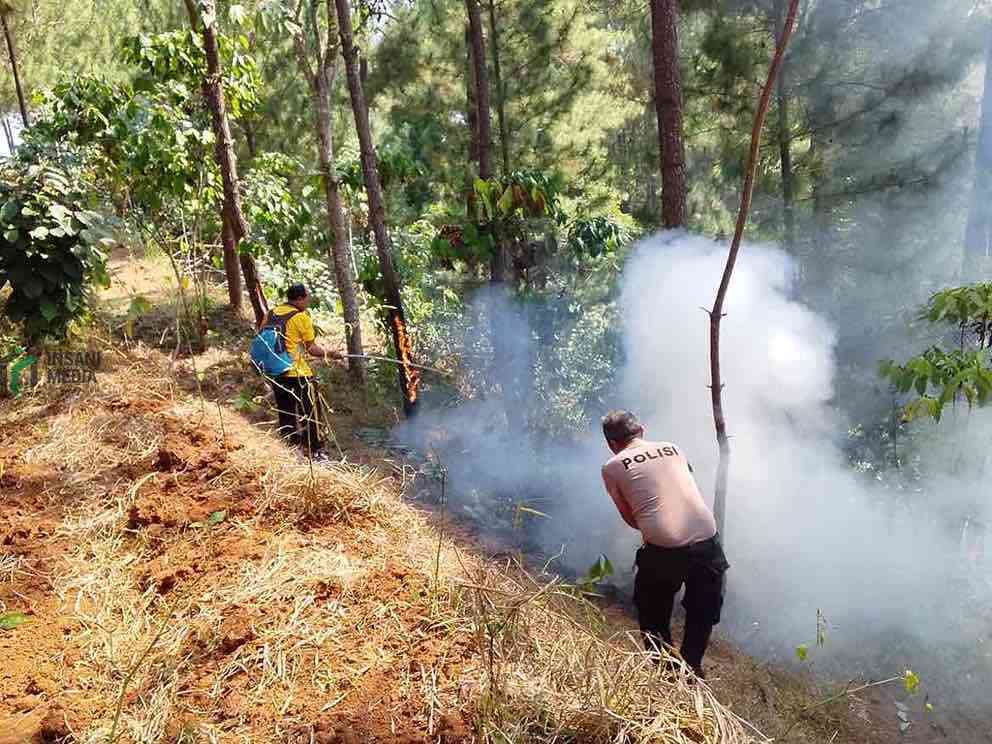 Petugas Memadamkan Api yang Membakar Hutan di Desa Karanggayam Kecamatan Karanggayam Kabupaten Kebumen Jawa Tengah dengan Cara Manual